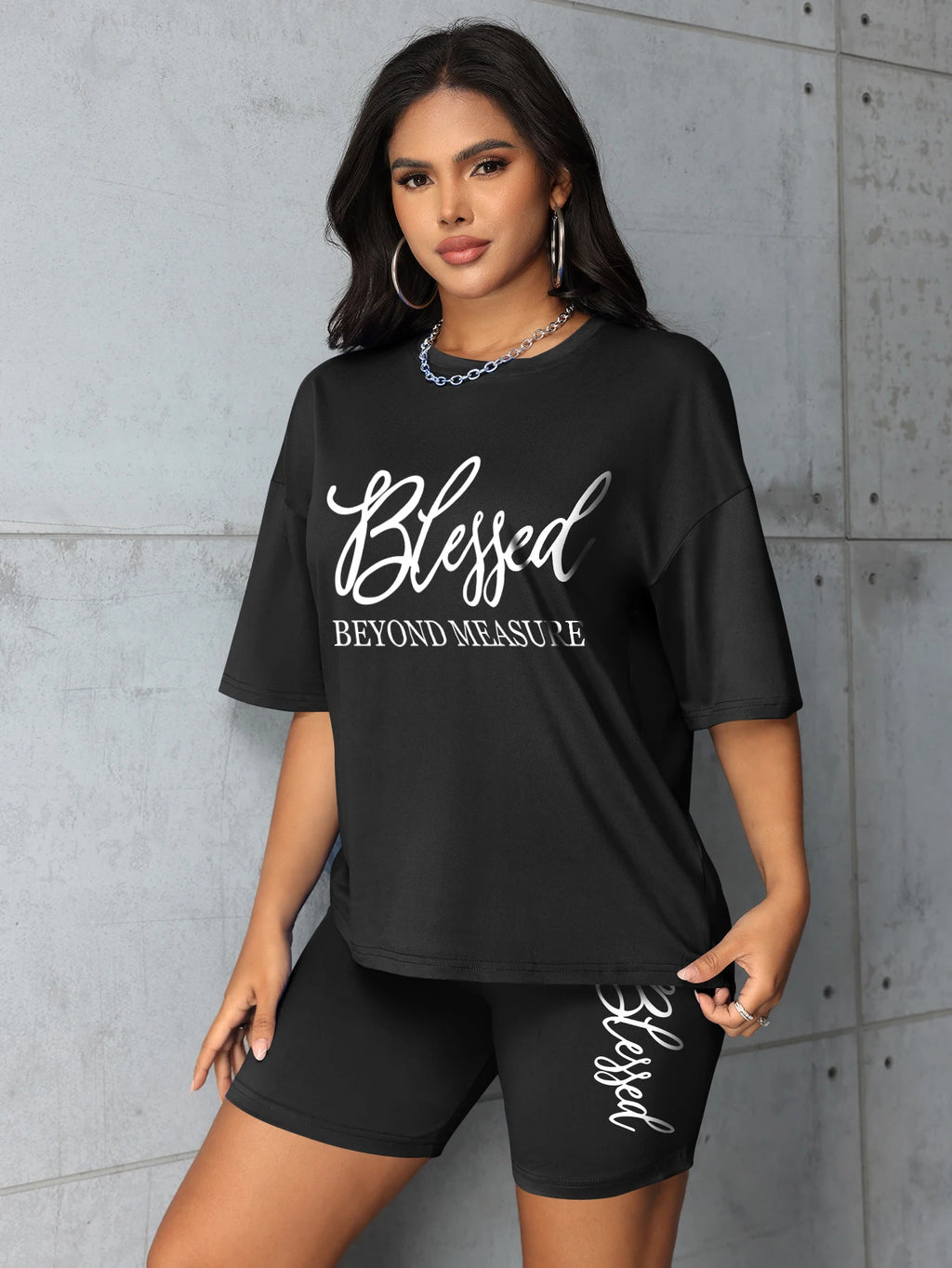 "Blessed Beyond Measure" T-Shirt + Biker Shorts Set — Plus Size 2-Piece 1XL-5XL