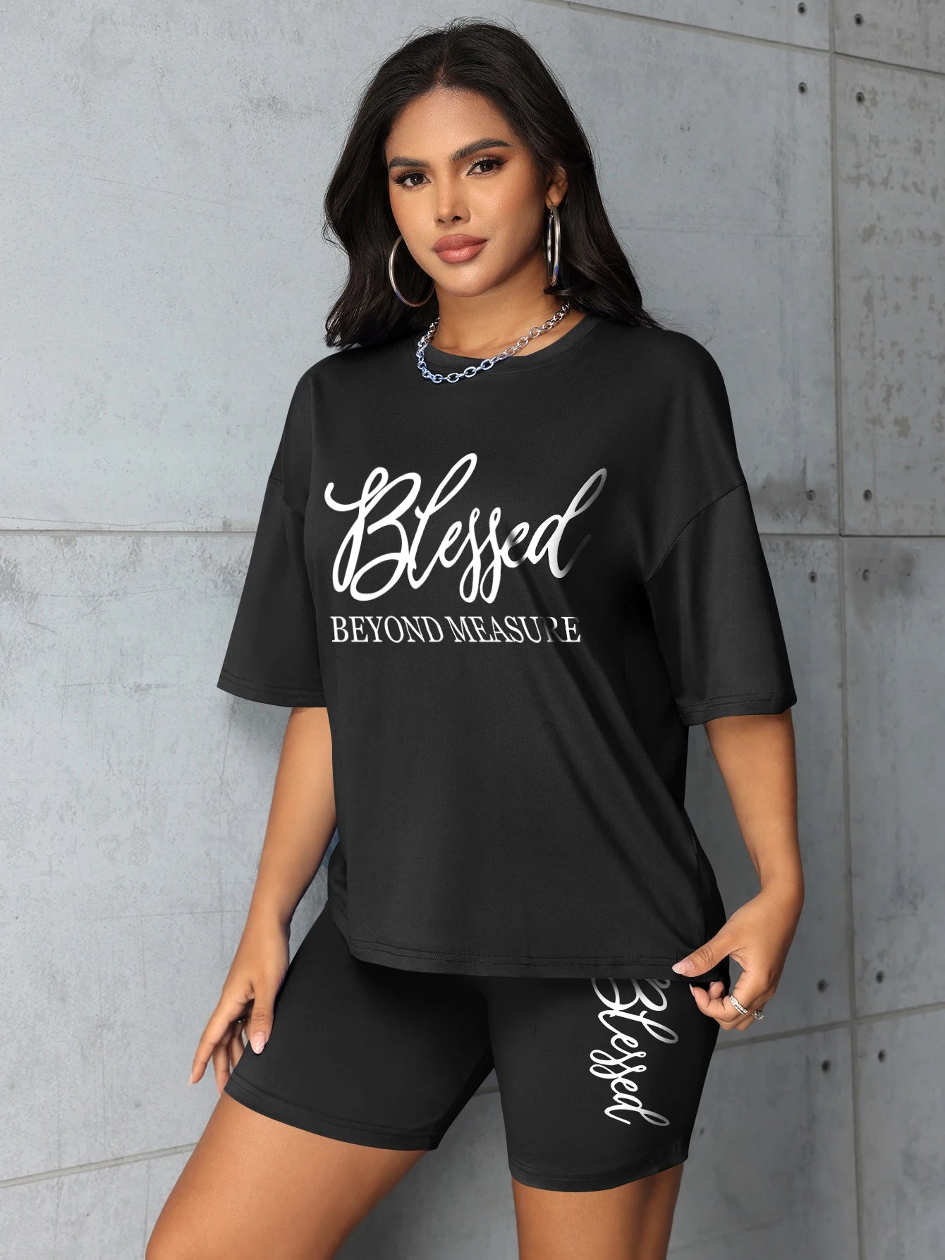 "Blessed Beyond Measure" T-Shirt + Biker Shorts Set — Plus Size 2-Piece 1XL-5XL