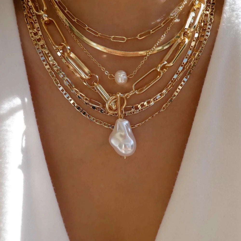 5-Piece Layered Bead Chain Necklace Set — Gold & Silver Stackable Necklaces for Women