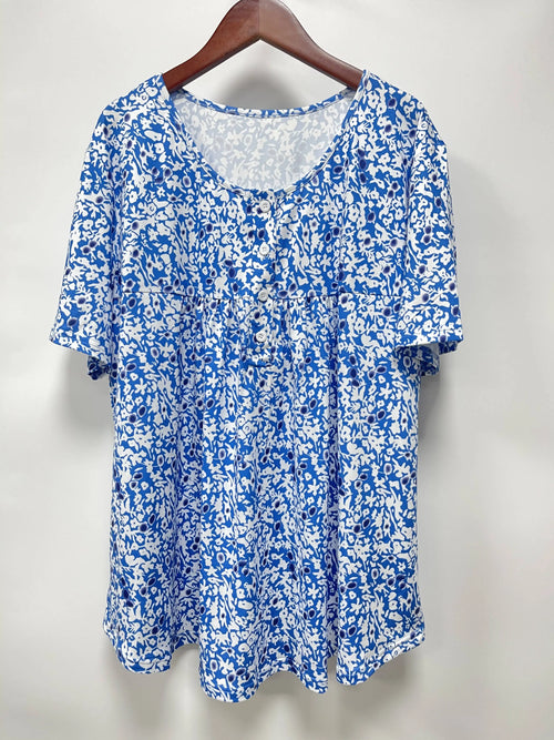 Plus Size Button Print T-Shirt — Spring Summer Short Sleeve Top XL-5XL