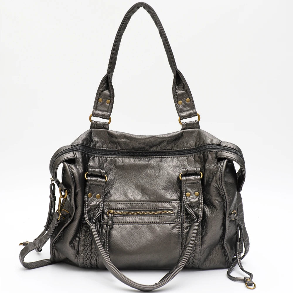 Vintage Washed Vegan Leather Tote Bag — Large Capacity Shoulder & Crossbody Work Bag