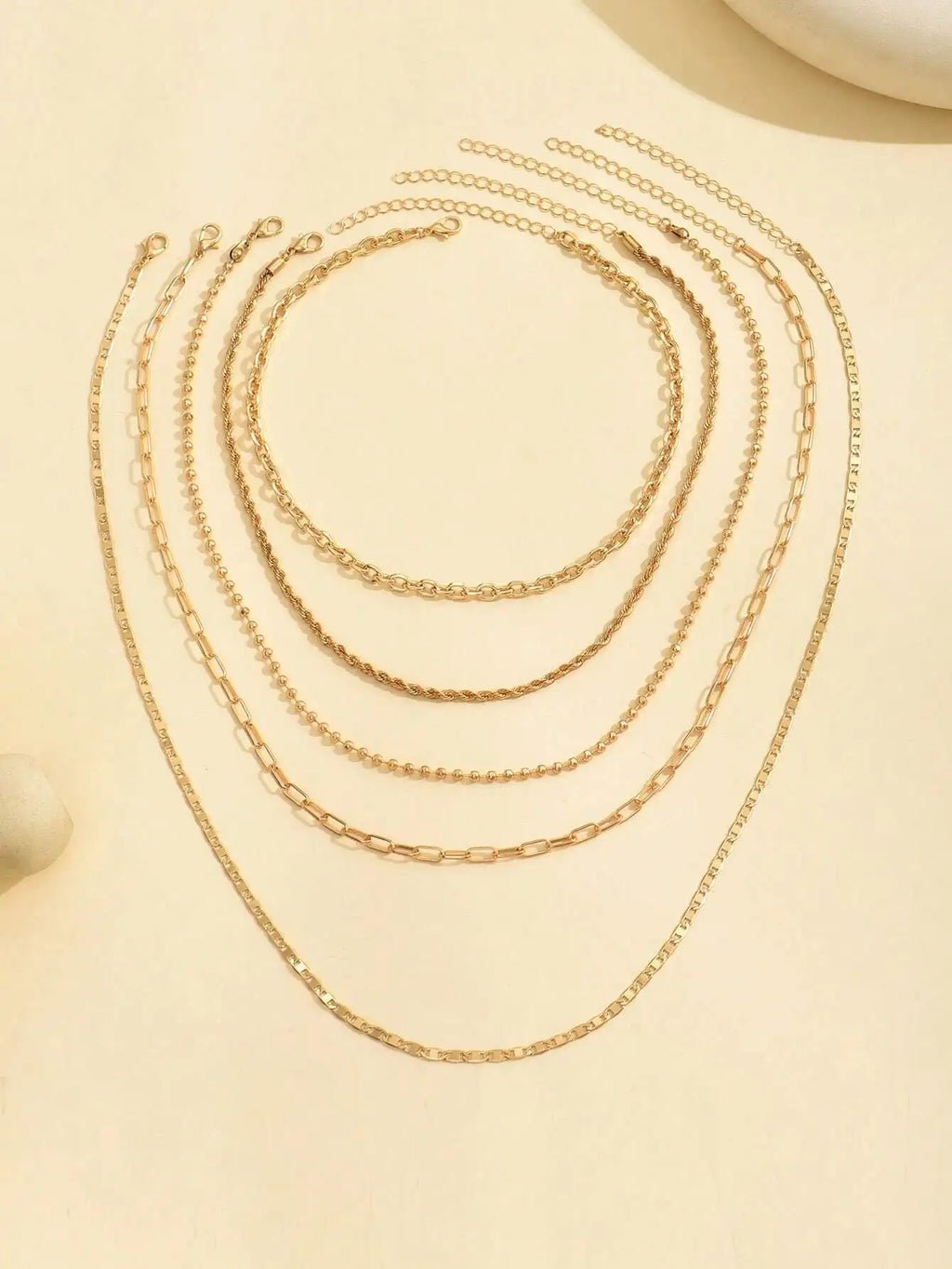 5pcs/Set Simple Braided Bead Chain Necklaces, Gold Tone, Layered Pendant Necklace Set For Women Daily And Party Wear