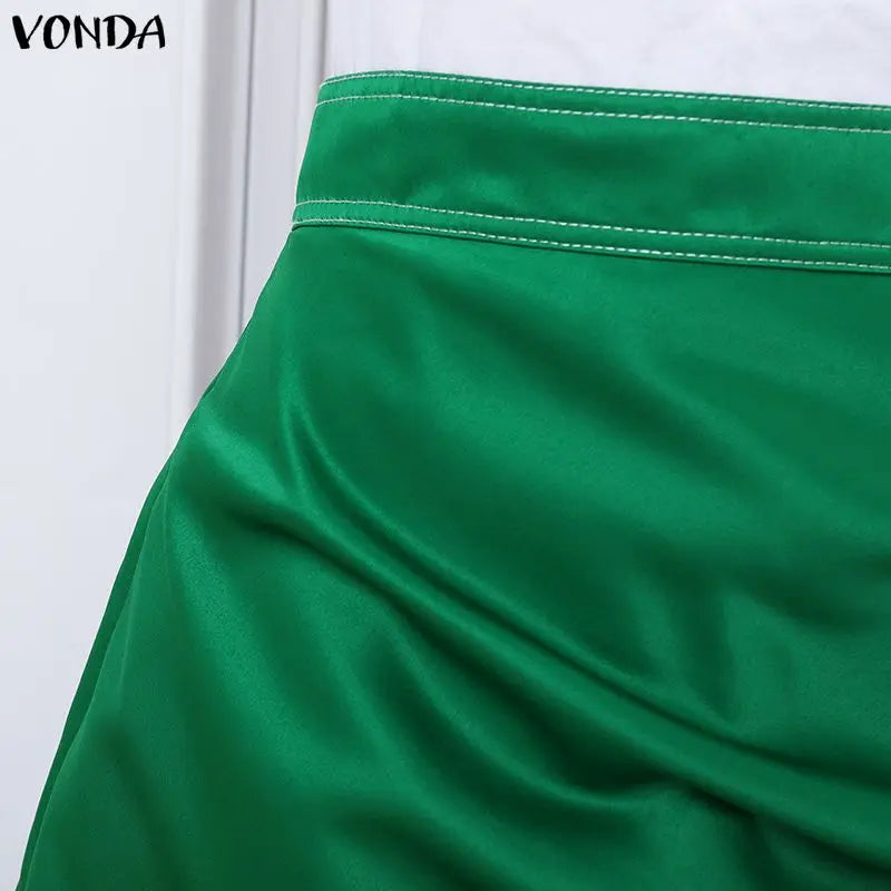 Plus Size Satin Pleated Maxi Skirt — High Waist Asymmetrical Button-Front Skirt | Undeniably Hers