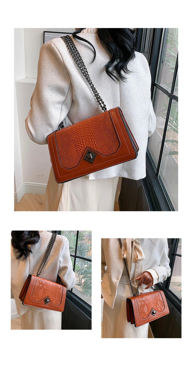 Snake Print Chain Shoulder Bag — Vintage Square Satchel Crossbody Purse | Undeniably Hers