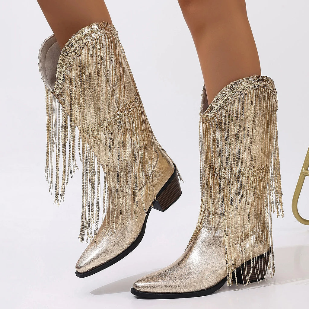 Glittering Silver Cowboy Boots with Long Tassels, Pointed Toe Western Boots, Chunky Low Heel Biker Style