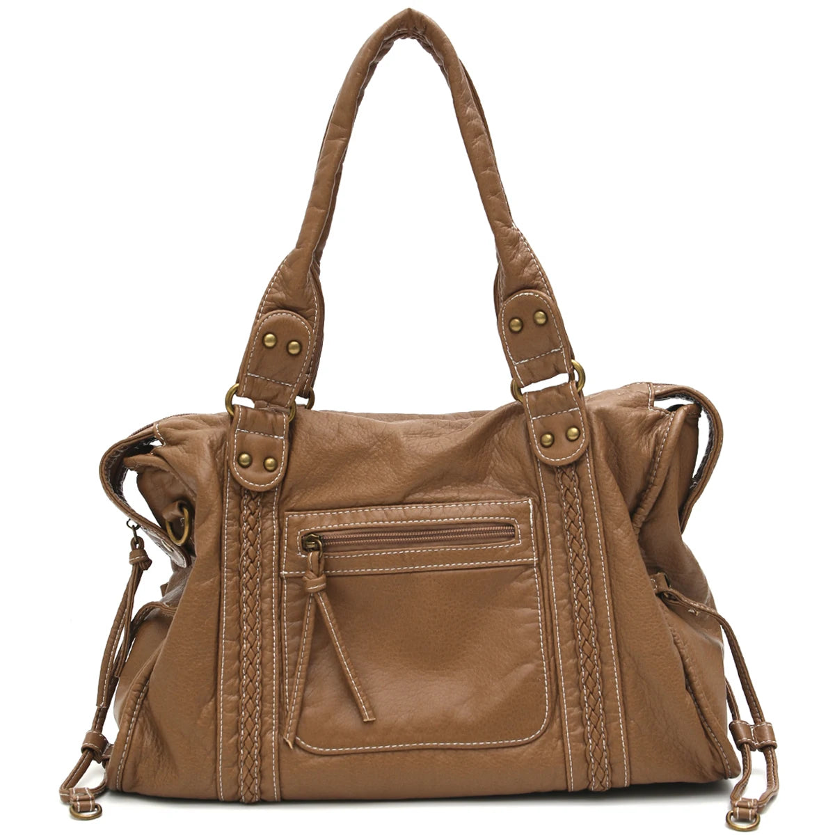 Vintage Washed Vegan Leather Tote Bag — Large Capacity Shoulder & Crossbody Work Bag