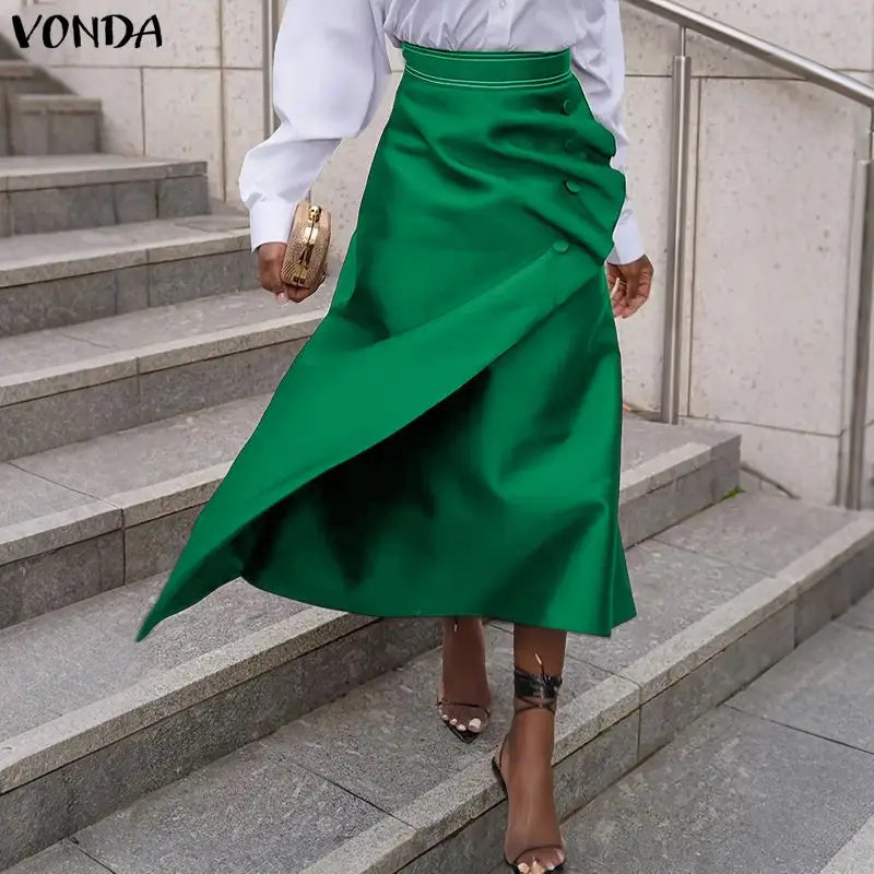 Plus Size Satin Pleated Maxi Skirt — High Waist Asymmetrical Button-Front Skirt | Undeniably Hers