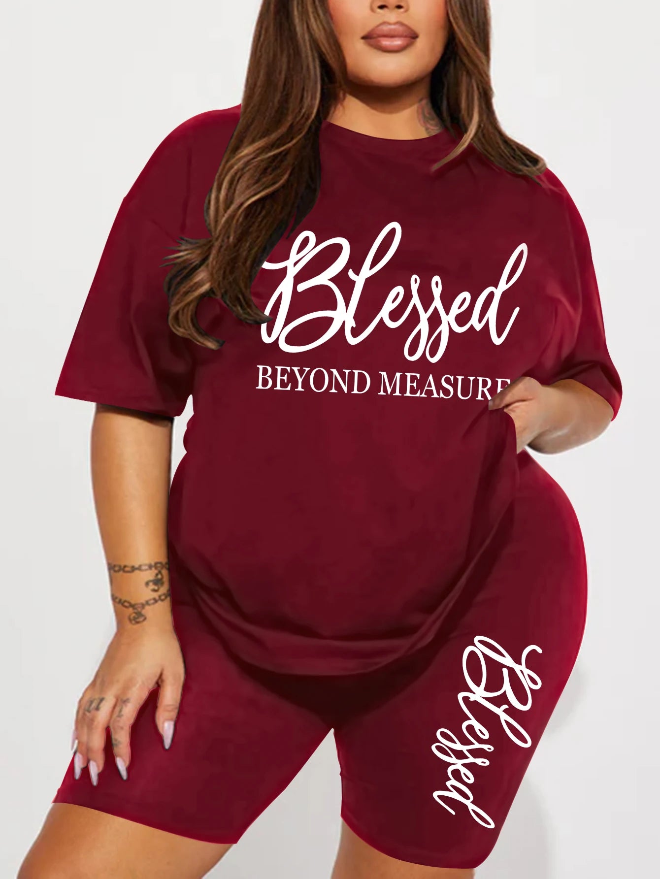 "Blessed Beyond Measure" T-Shirt + Biker Shorts Set — Plus Size 2-Piece 1XL-5XL