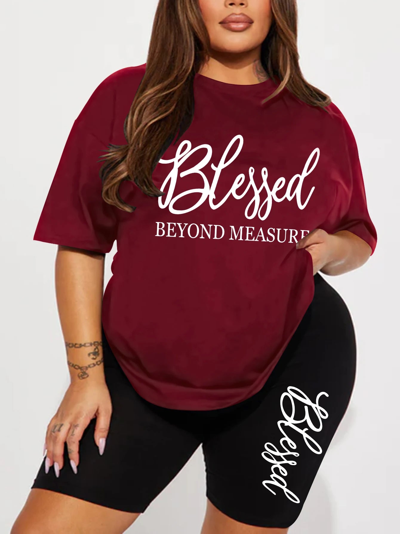 "Blessed Beyond Measure" T-Shirt + Biker Shorts Set — Plus Size 2-Piece 1XL-5XL