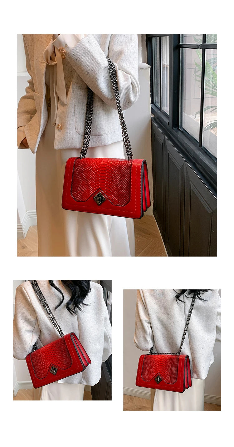 Snake Print Chain Shoulder Bag — Vintage Square Satchel Crossbody Purse | Undeniably Hers