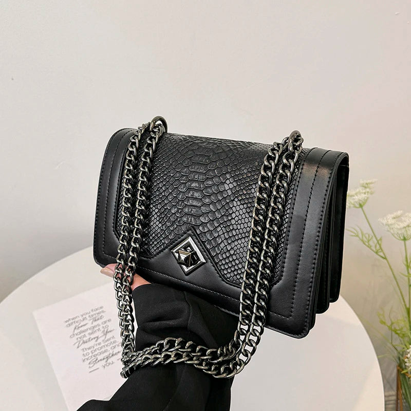Snake Print Chain Shoulder Bag — Vintage Square Satchel & Crossbody Purse for Women