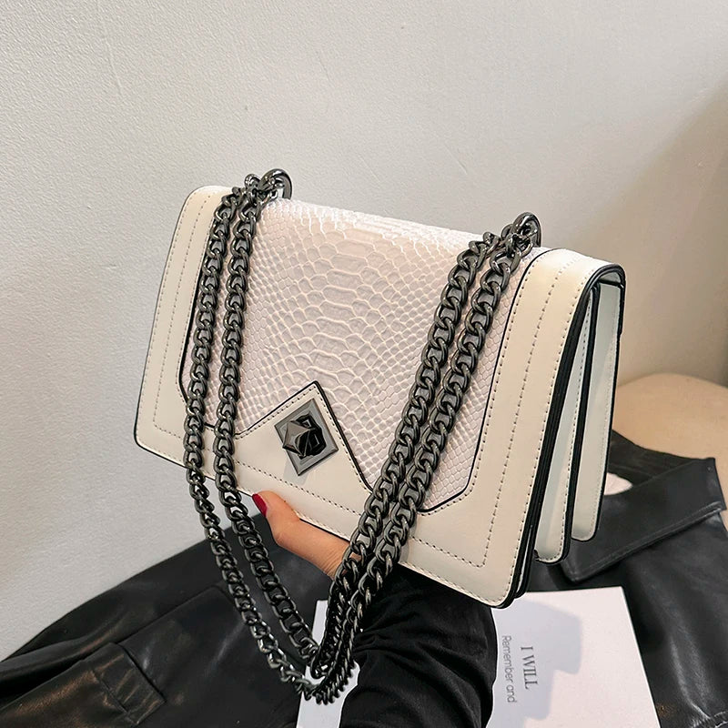 Snake Print Chain Shoulder Bag — Vintage Square Satchel & Crossbody Purse for Women