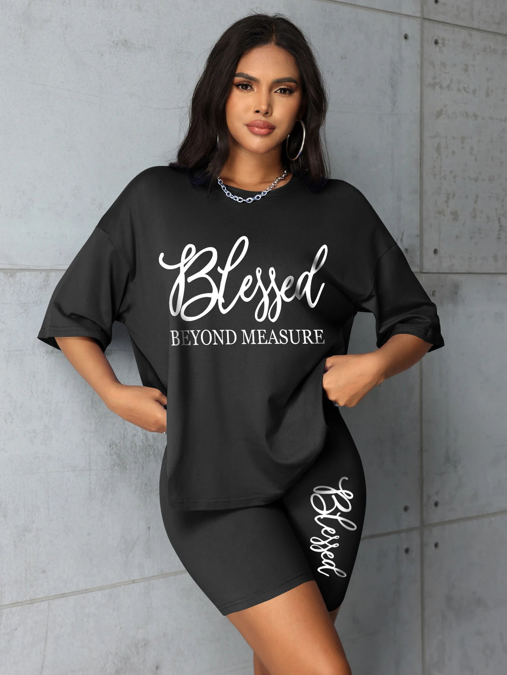 "Blessed Beyond Measure" T-Shirt + Biker Shorts Set — Plus Size 2-Piece 1XL-5XL