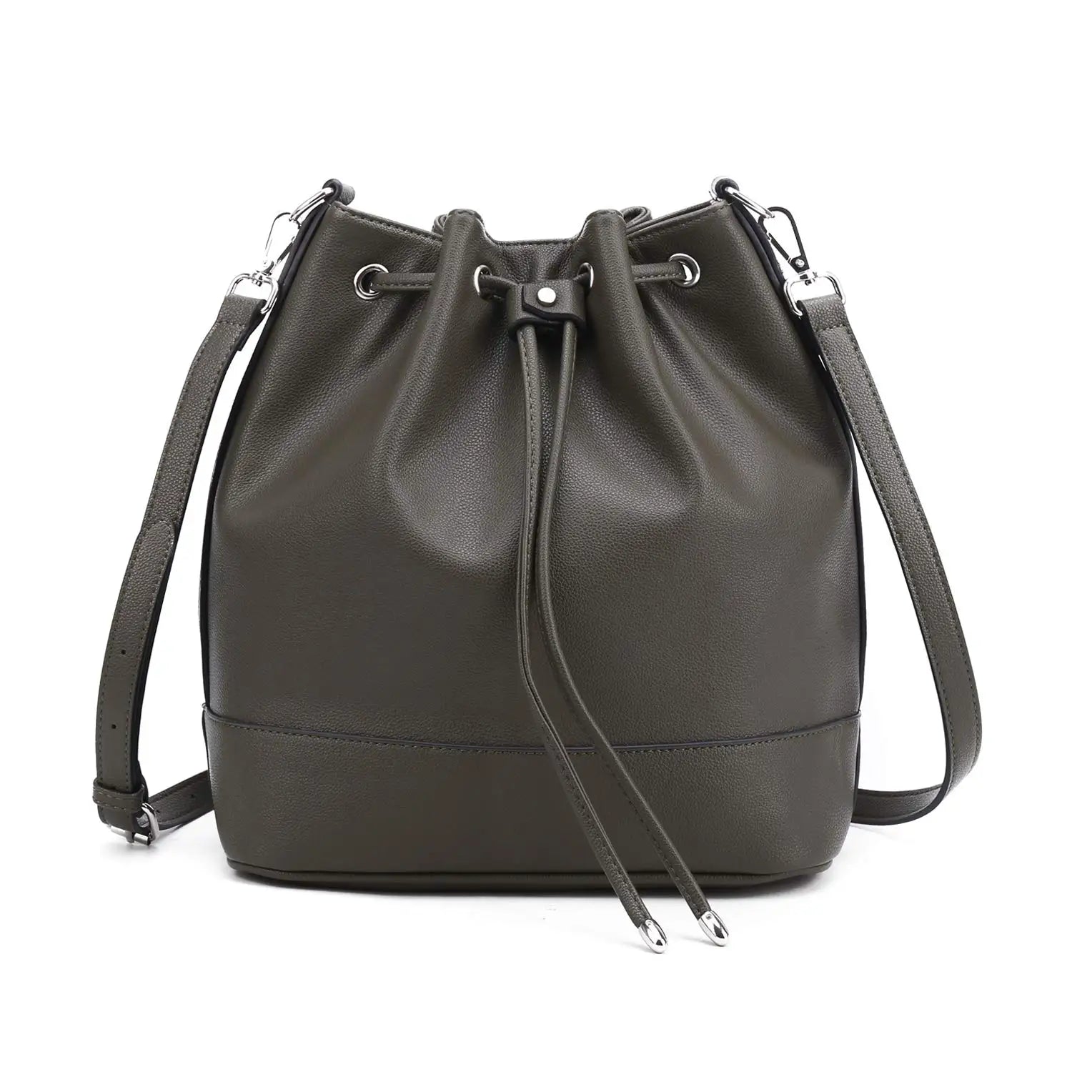Vegan Leather Bucket Bag — Drawstring Hobo Tote & Crossbody Purse with Shoulder Straps