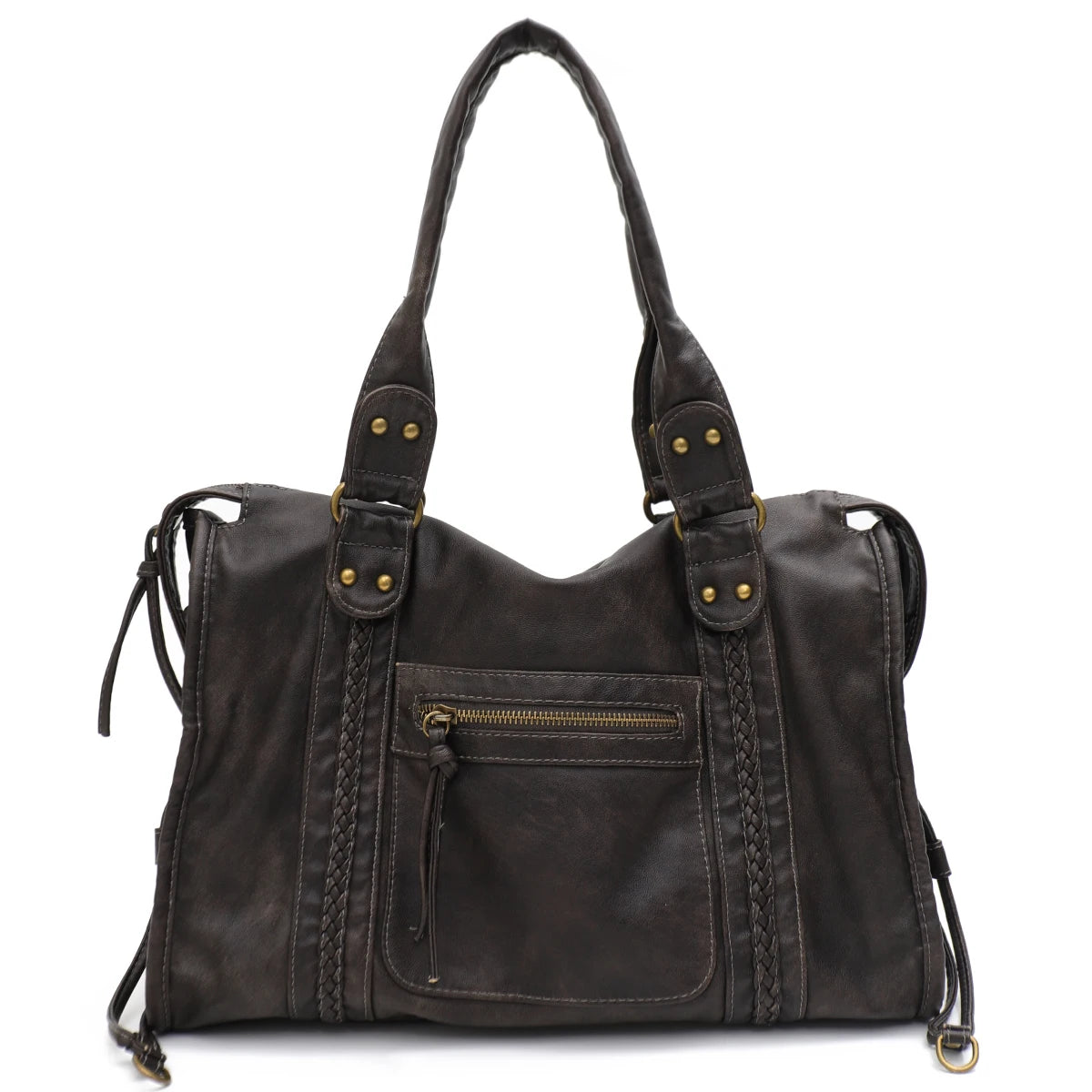 Vintage Washed Vegan Leather Tote Bag — Large Capacity Shoulder & Crossbody Work Bag