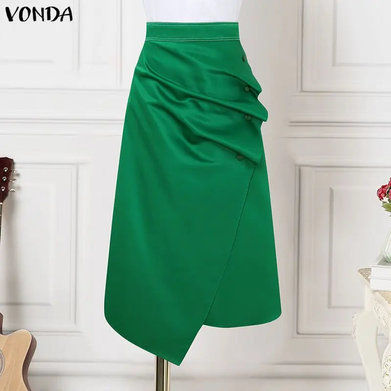 Plus Size Satin Pleated Maxi Skirt — High Waist Asymmetrical Button-Front Skirt | Undeniably Hers