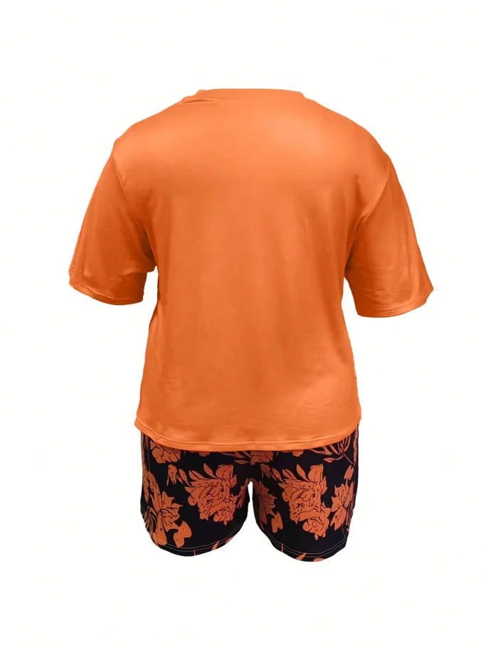 Plus Size Graphic Print 2-Piece Shorts Set — Short Sleeve Tee & Matching Shorts 1X-5X