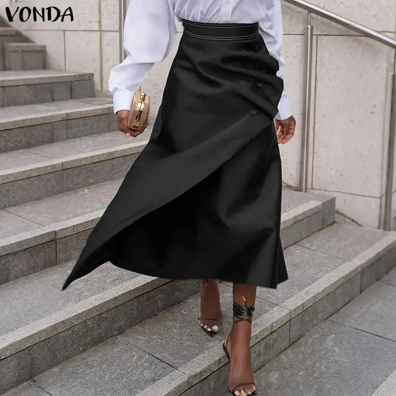 Plus Size Satin Pleated Maxi Skirt — High Waist Asymmetrical Button-Front Skirt | Undeniably Hers