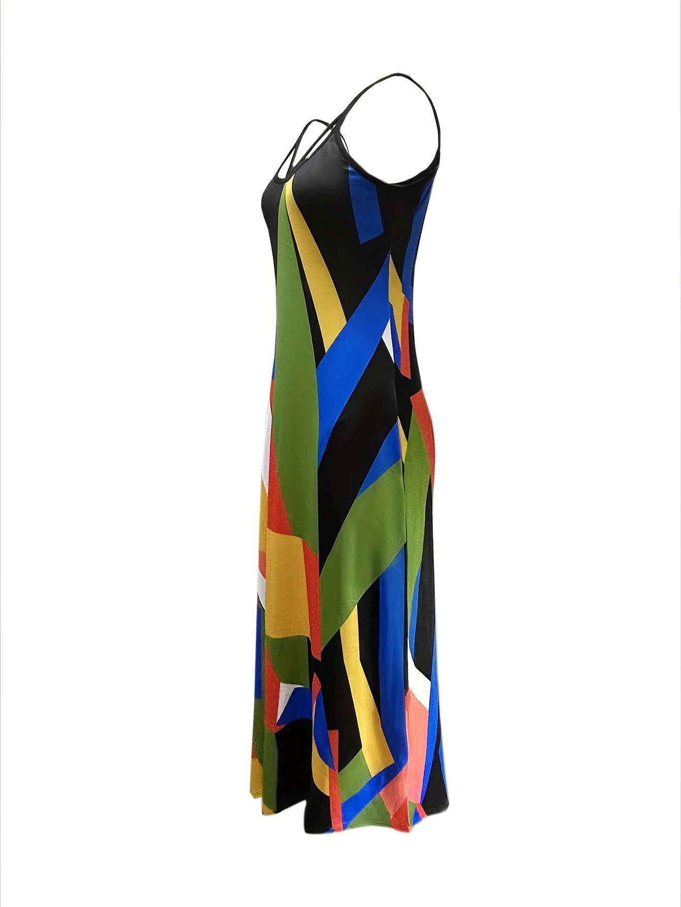 plus Size Geometric Patchwork Dress Extra Long Halter Printed Women's Summer Maxi Dress