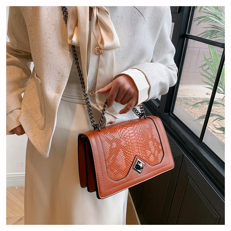 Snake Print Chain Shoulder Bag — Vintage Square Satchel Crossbody Purse | Undeniably Hers