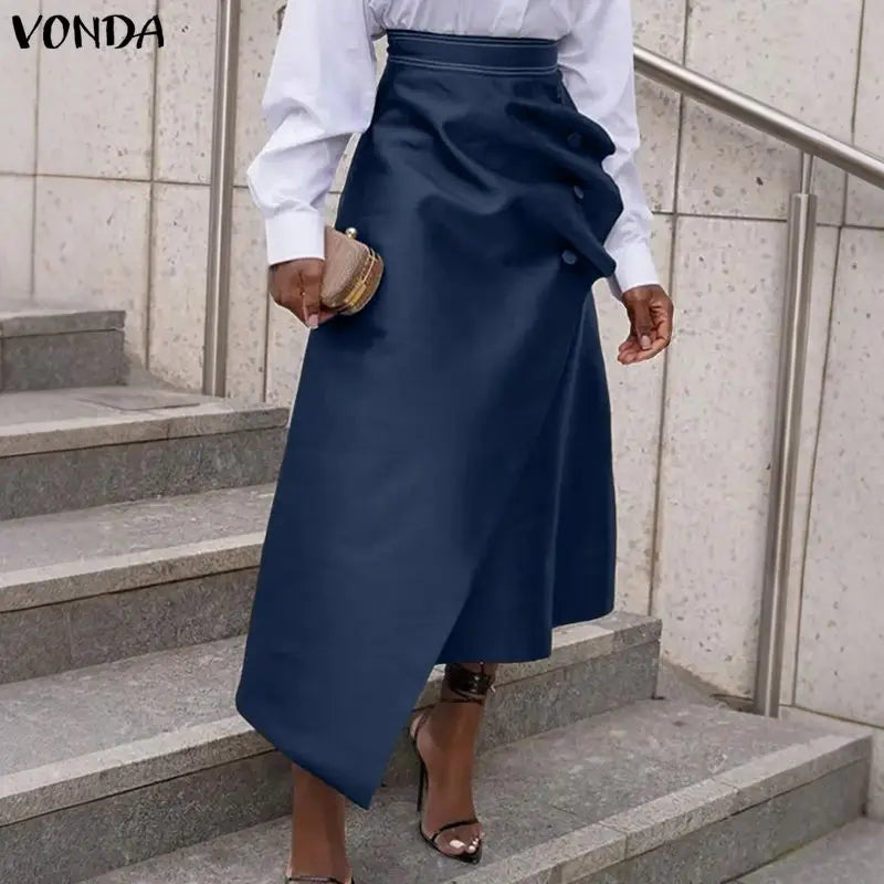 Plus Size Satin Pleated Maxi Skirt — High Waist Asymmetrical Button-Front Skirt | Undeniably Hers