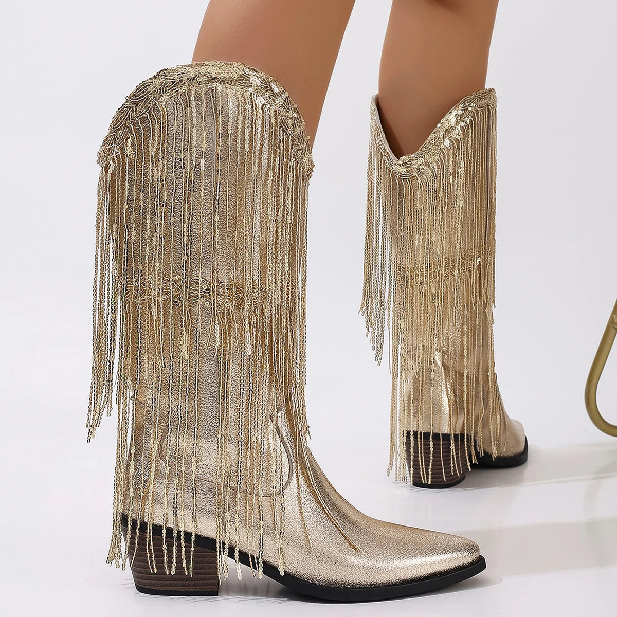 Glittering Silver Cowboy Boots with Long Tassels, Pointed Toe Western Boots, Chunky Low Heel Biker Style