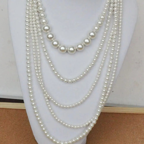 Layered Pearl Necklace — Long Multi-Strand Statement Pearl Chain for Women
