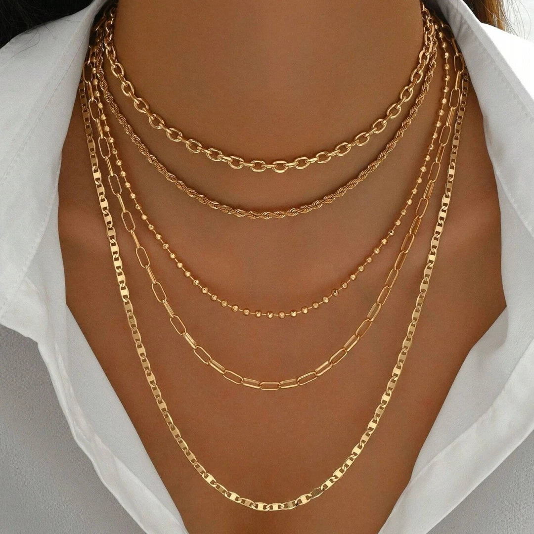 5-piece layered bead chain necklace set in gold and silver