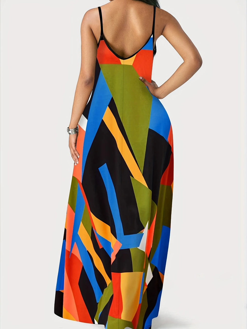 plus Size Geometric Patchwork Dress Extra Long Halter Printed Women's Summer Maxi Dress