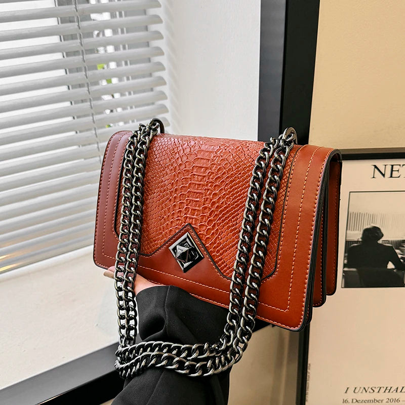 Snake Print Chain Shoulder Bag — Vintage Square Satchel & Crossbody Purse for Women