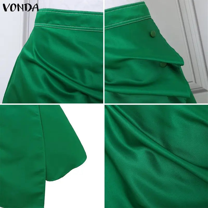 Plus Size Satin Pleated Maxi Skirt — High Waist Asymmetrical Button-Front Skirt | Undeniably Hers