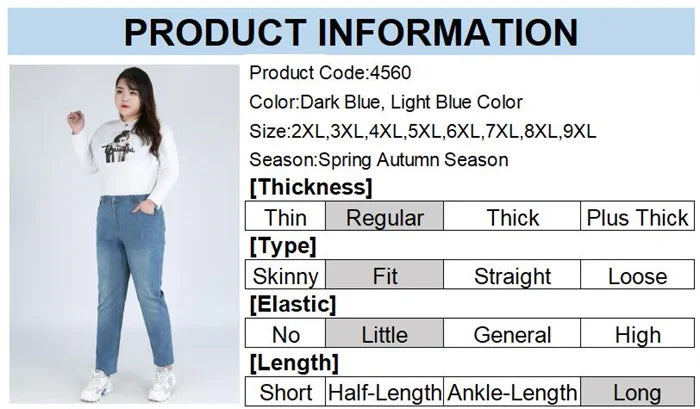Plus Size Slim Fit High Waist Jeans — Extended Sizes Up to 9XL Women's Denim