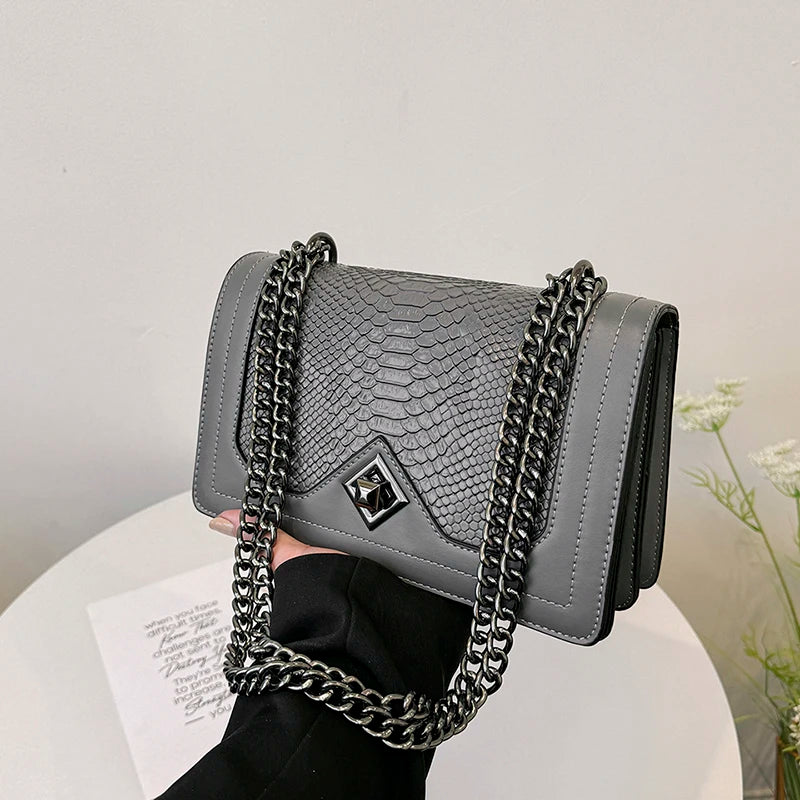 Snake Print Chain Shoulder Bag — Vintage Square Satchel & Crossbody Purse for Women