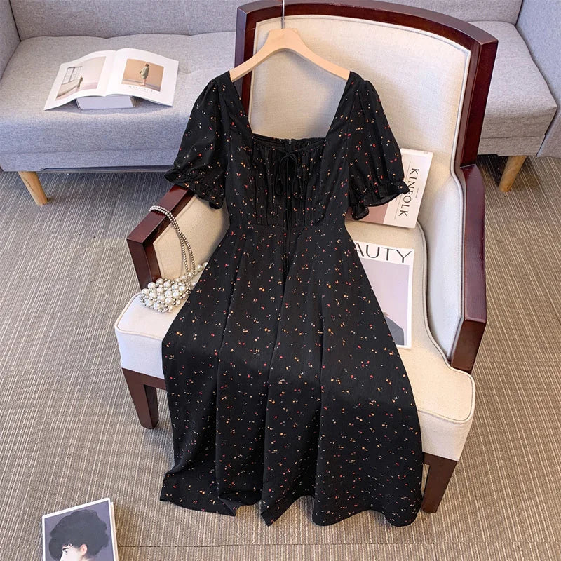 Plus size retro square neck floral dress, extended sizes US 22-28