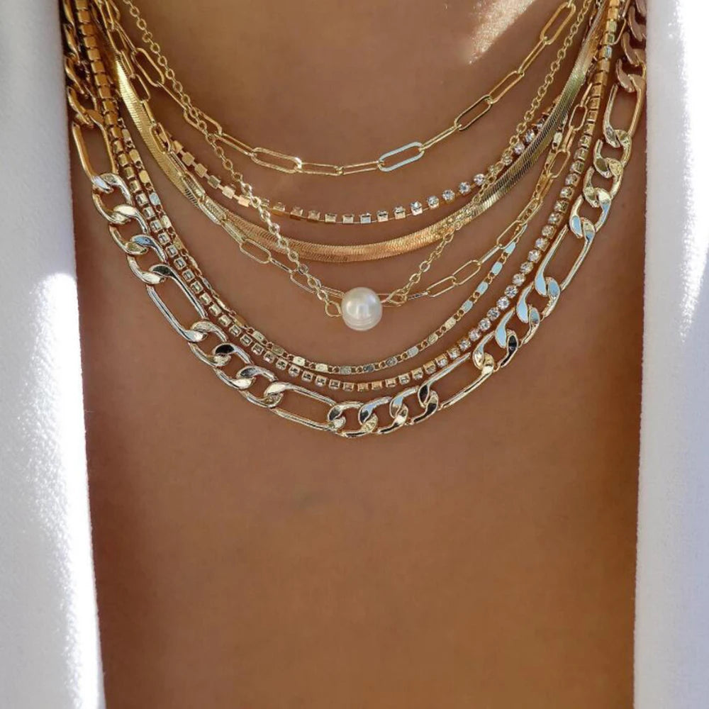5-Piece Layered Bead Chain Necklace Set — Gold & Silver Stackable Necklaces for Women