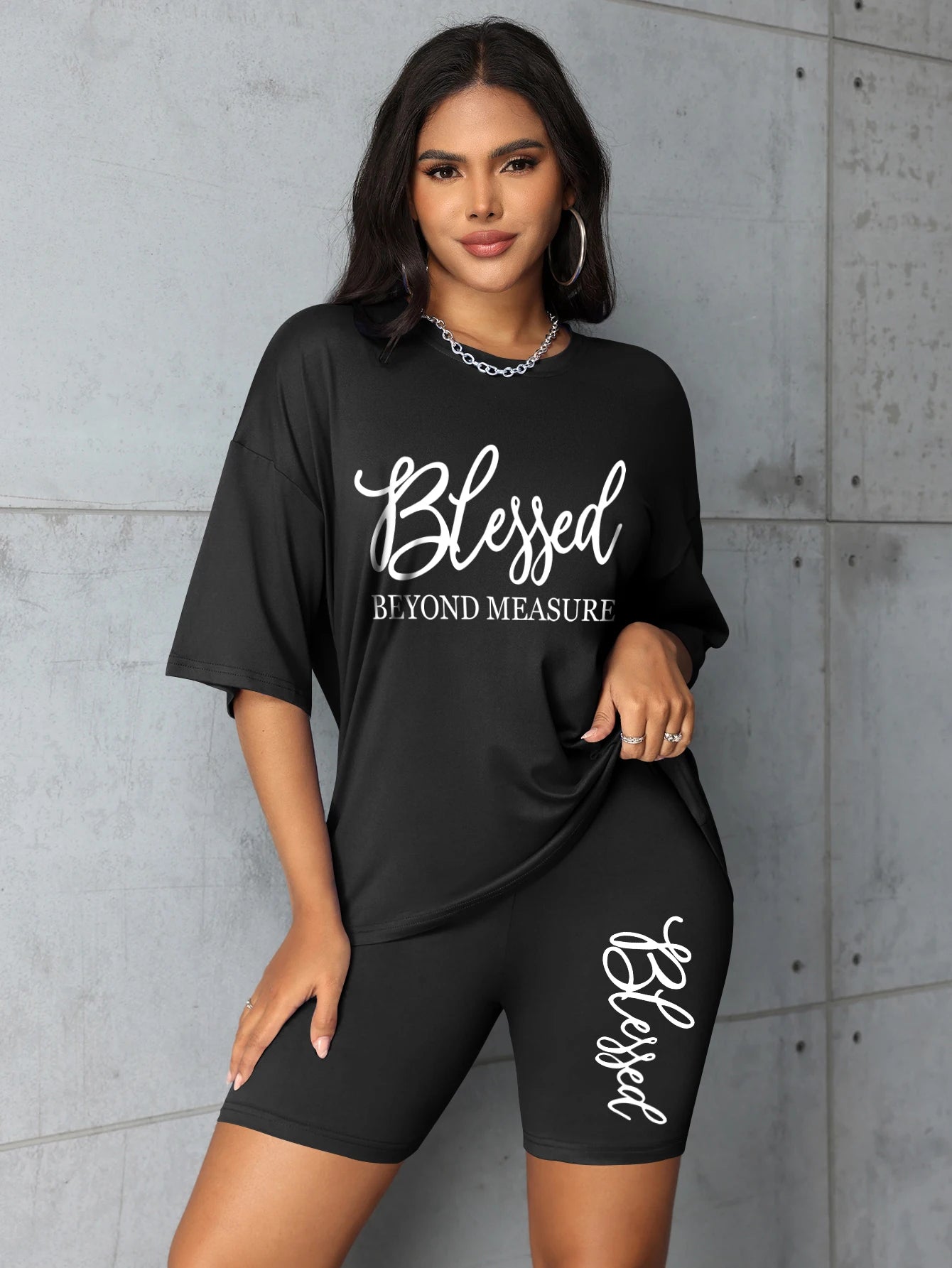 "Blessed Beyond Measure" T-Shirt + Biker Shorts Set — Plus Size 2-Piece 1XL-5XL