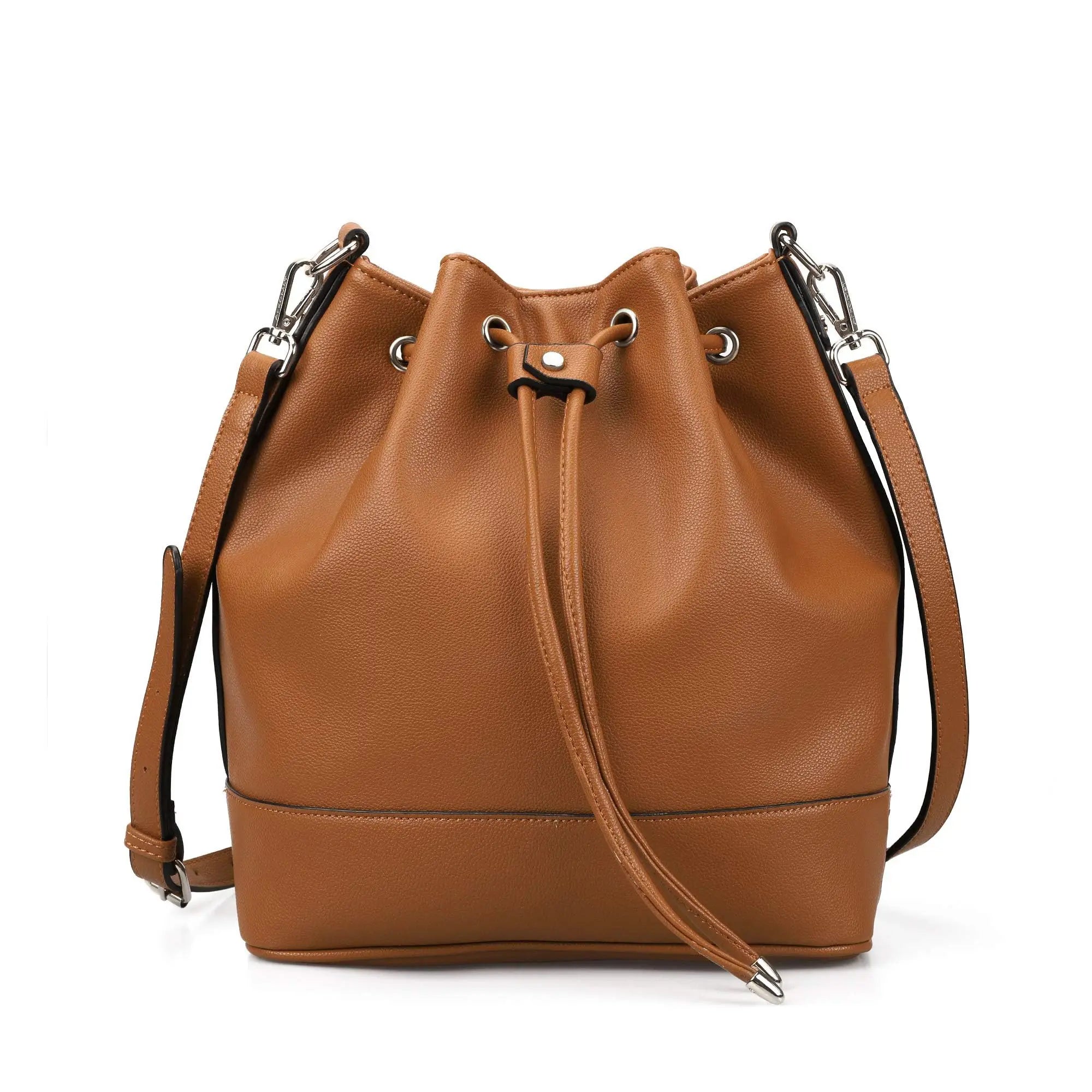 Vegan Leather Bucket Bag — Drawstring Hobo Tote & Crossbody Purse with Shoulder Straps