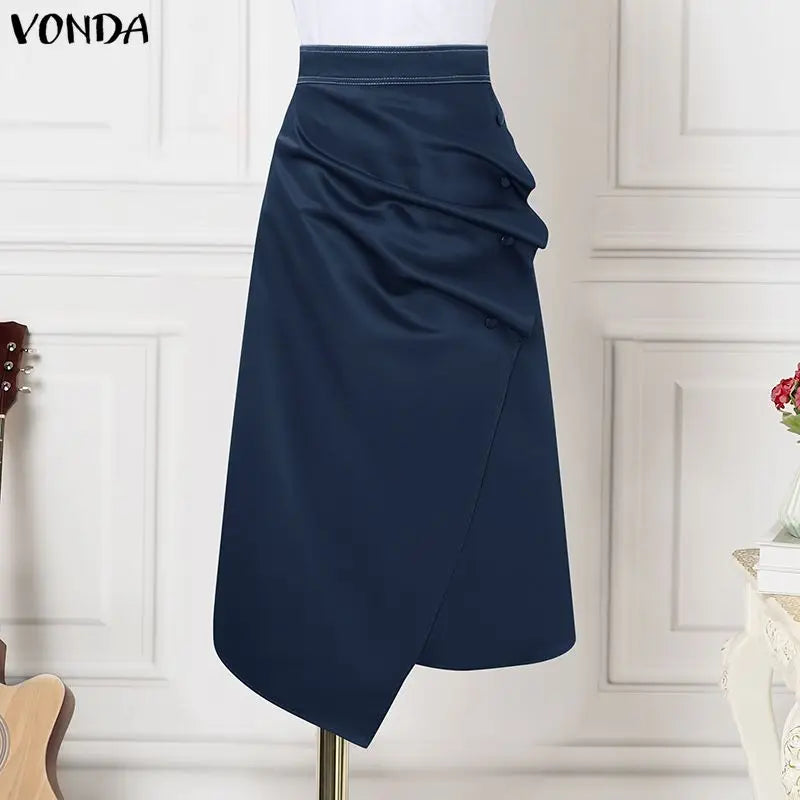 Plus Size Satin Pleated Maxi Skirt — High Waist Asymmetrical Button-Front Skirt | Undeniably Hers