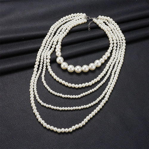 Layered long pearl statement chain necklace for women