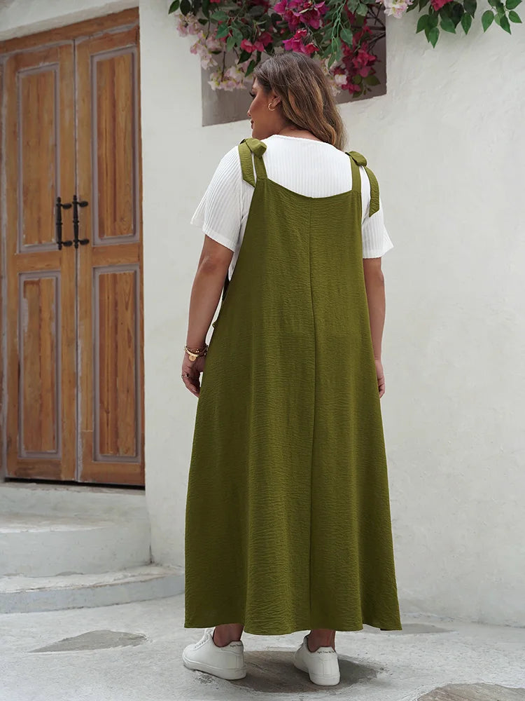 Plus Size Tie Shoulder Overall Maxi Dress — back view