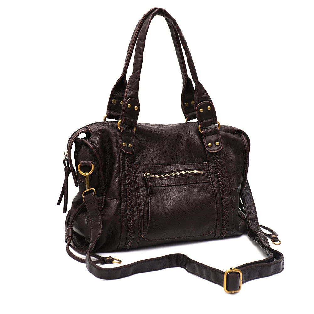 Vintage Washed Vegan Leather Tote Bag — Large Capacity Shoulder & Crossbody Work Bag