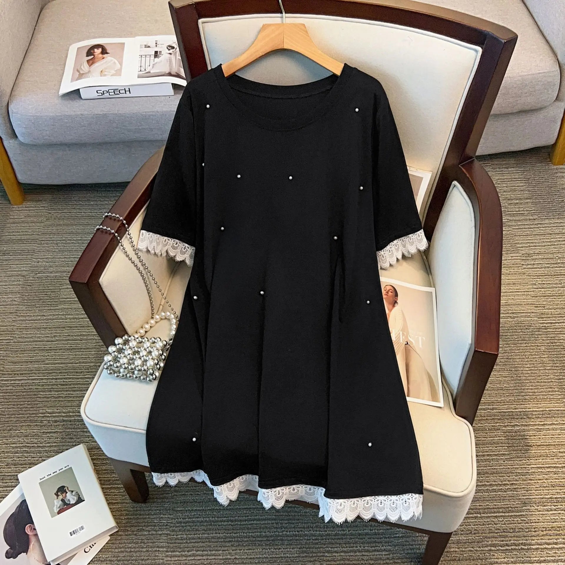 Plus size lace beaded t-shirt dress, extended sizes US 20-28