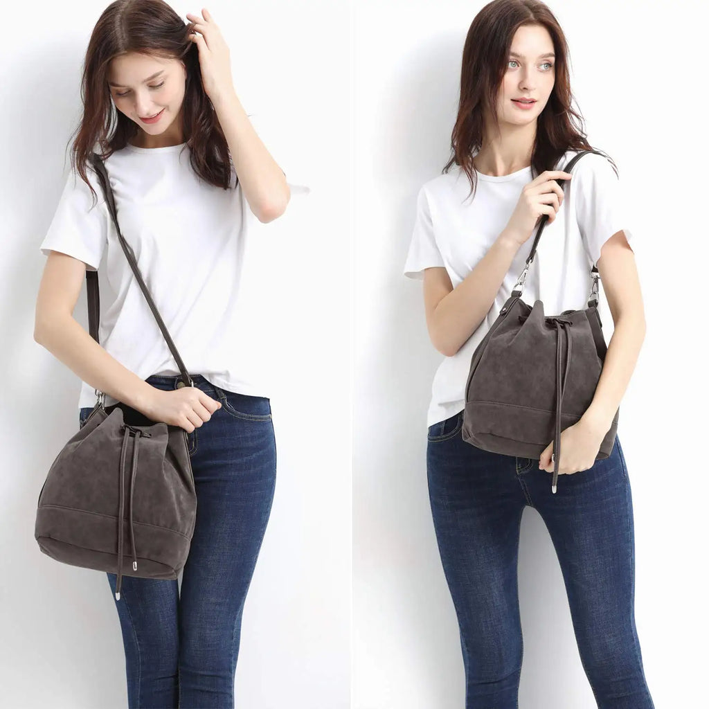 Leather Drawstring Bucket Bag — Hobo Tote & Crossbody Purse with Shoulder Straps | Undeniably Hers