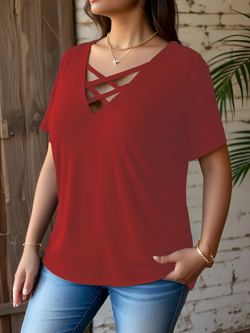 Plus Size V-Neck Crisscross T-Shirt — Stretchy Casual Short Sleeve Top Women 1X-5X