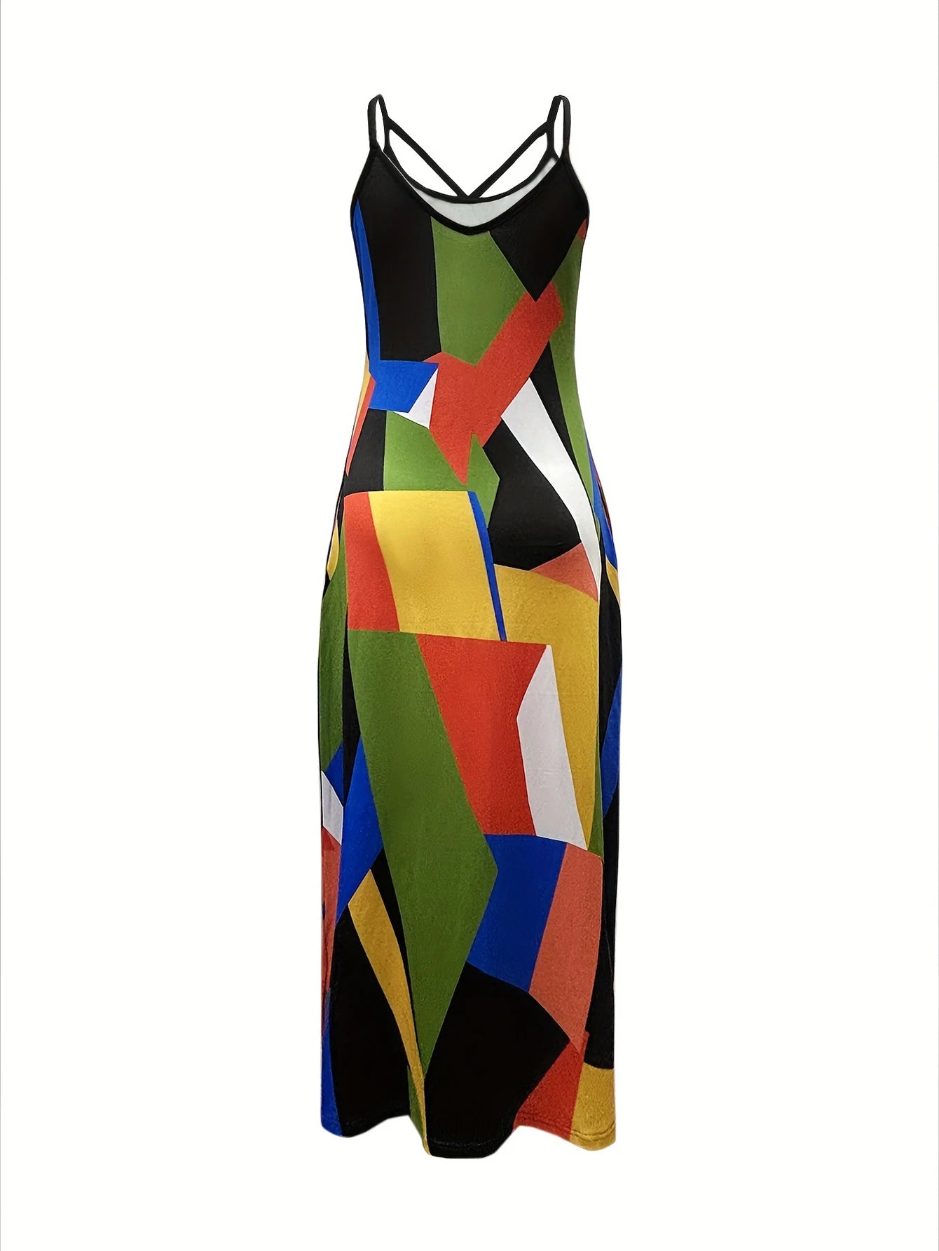 plus Size Geometric Patchwork Dress Extra Long Halter Printed Women's Summer Maxi Dress