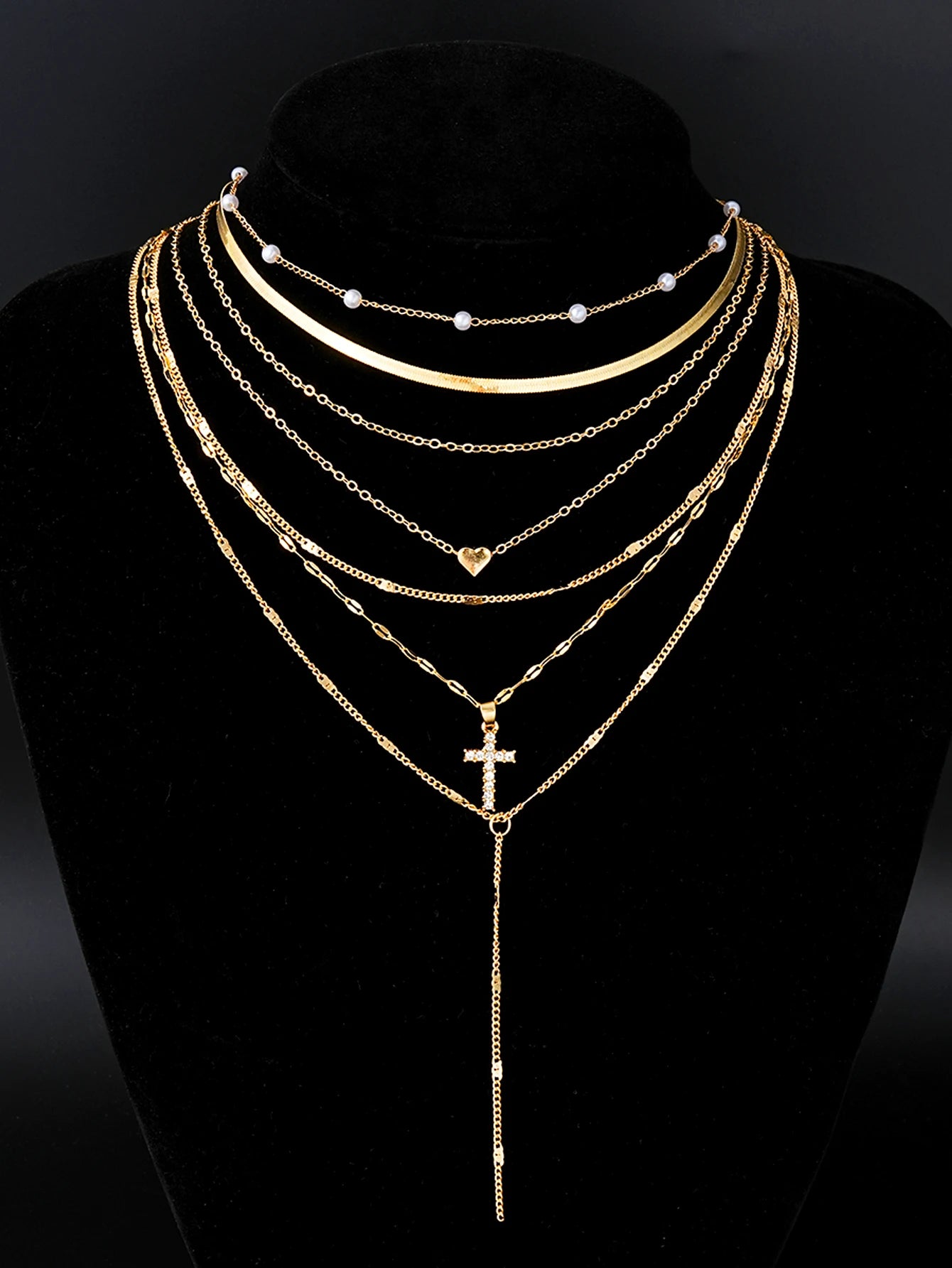 7-Piece Boho Gold Necklace Set — Layered Heart, Pearl & Cross Pendant Necklaces for Women