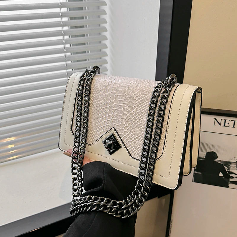 Snake Print Chain Shoulder Bag — Vintage Square Satchel Crossbody Purse | Undeniably Hers
