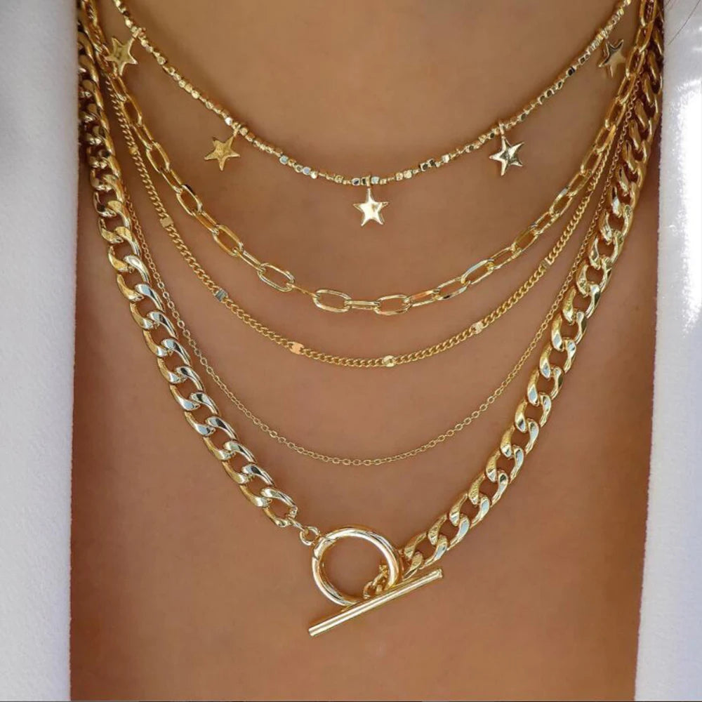 5-Piece Layered Bead Chain Necklace Set — Gold & Silver Stackable Necklaces for Women