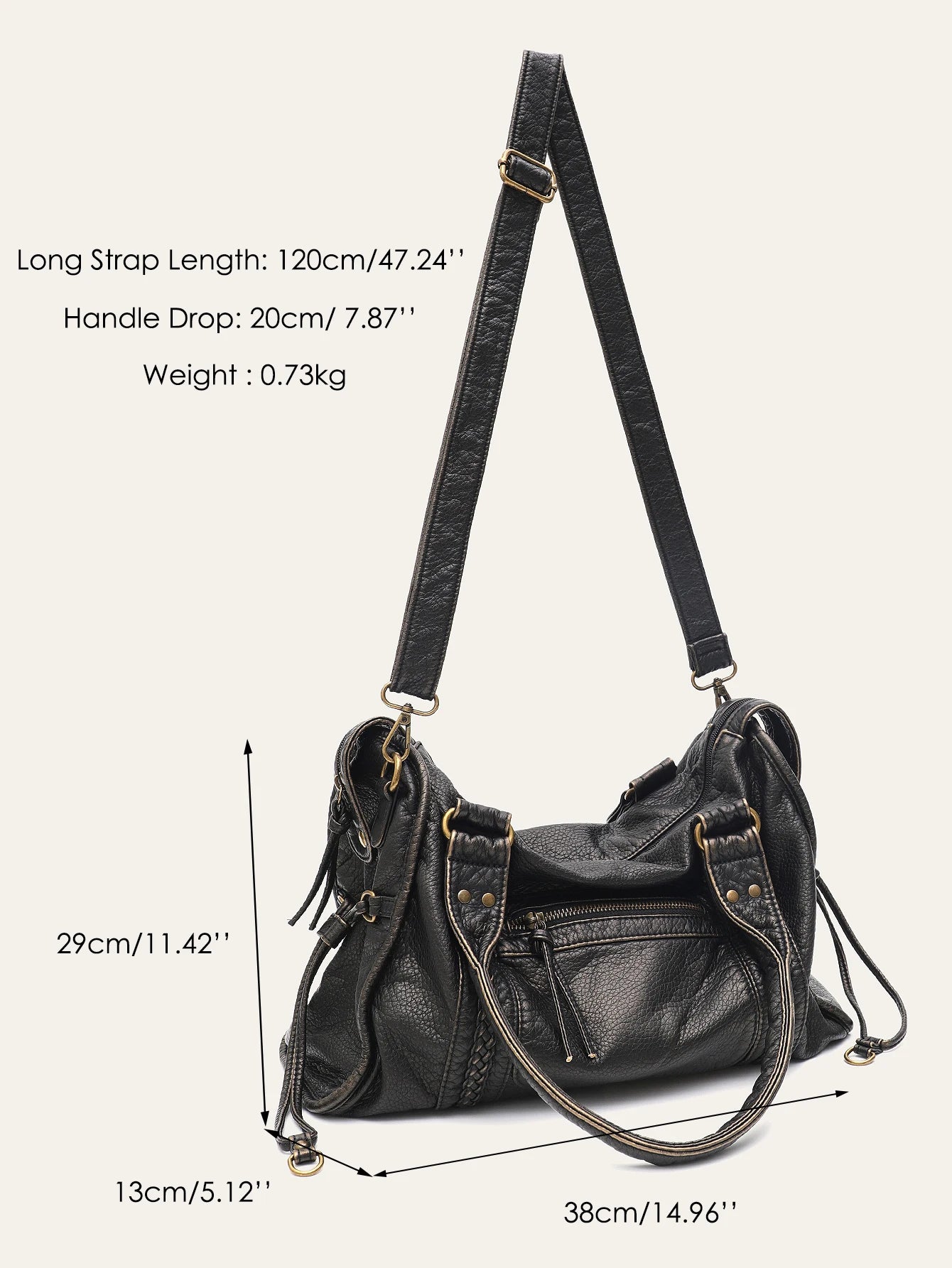 Vintage Washed Vegan Leather Tote Bag — Large Capacity Shoulder & Crossbody Work Bag
