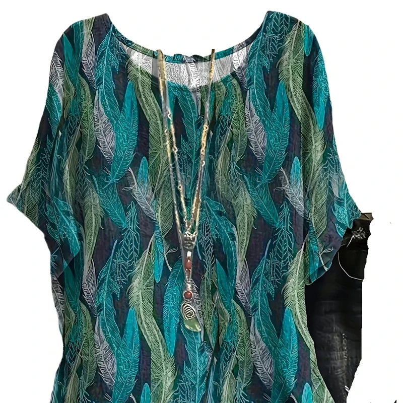 Plus Size Leaf Print Blouse — Vintage Half Sleeve Loose Top Women 1XL-5XL